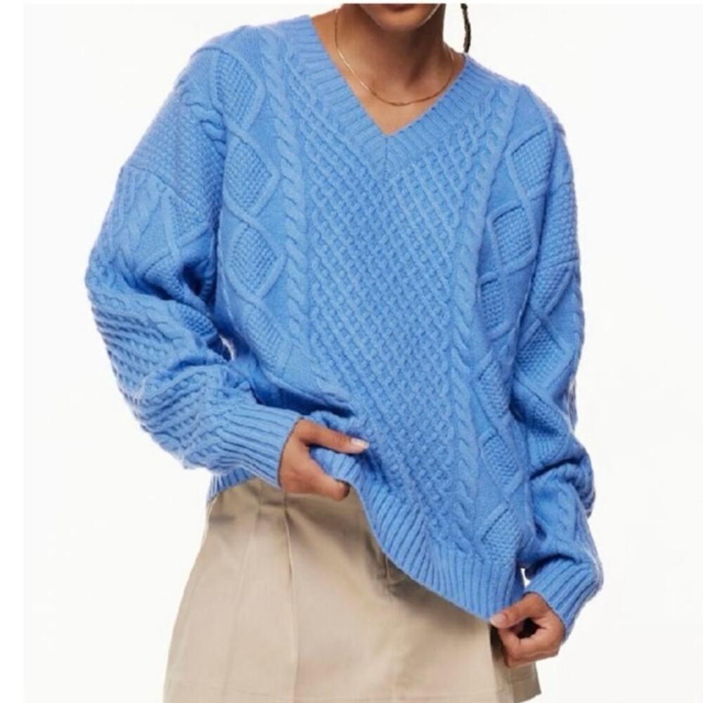 Aritzia Sunday Best Peggy V-Neck Cable-Knit Sweater Small Azurine Blue EUC